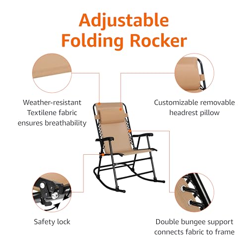 Amazon Basics Outdoor Portable Folding Rocking Chair with Headrest, Ergonomic Design, Weather-resistant Patio Reclining Lounge Chair for Porch, 33.6 x 37.4 x 26 inch, Beige - color: Beige
