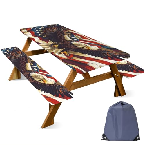 ANNA QUEEN Patriotic American Eagle 6FT Picnic Table Cover with Bench Covers Set of 3 with Drawstring Bag, USA Flag Eagle 72"x30" Waterproof Picnic Tablecloth & Bench Covers for Outdoor BBQ - color: #64