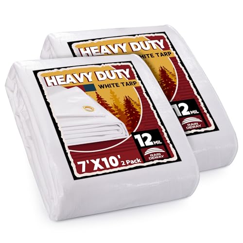 RAINDEWAY 12 Mil Heavy Duty White Tarp 7x10 Feet (2 Pack), UV Resistant, Waterproof, Weatherproof Poly Tarp with Metal Grommets and Reinforced Edges - color: White, size: 7x10 Feet (2-Pack)-Finished size