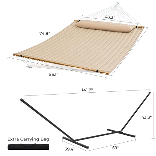 SUPERJARE Hammock with Stand, 2 Person Quilted Outdoor Hammock, Detachable Pillow & Bamboo Spreaders, Portable Hammock with Carrying Bag, Heavy Duty Stand, Perfect for Outside, Patio, Beige - color: Beige, size: 55.1"W × 74.8''D × 43.3''H