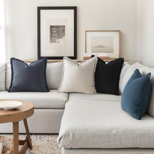 MIULEE Decorative Couch Pillow Covers Neutral Linen Fringe Throw Pillows Set of 4 Boho Farmhouse Cushion Modern Pillowcases for Bed Sofa Living Room Spring Home Decor 18x18 Inch Beige/Coastal Blue - color: Coastal Blue, size: 18" x 18" (Pack of 4)
