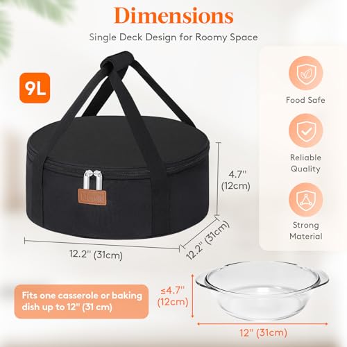 Lifewit Insulated Single Decker Round Casserole Carrier, Portable Pie Carrier Bag for Hot or Cold Food, Fits 12.5" Baking Dish, Thermal Lunch Tote for Potluck Parties, Picnic and Cookouts, Black - color: Black, size: 12.2 x 12.2 x 4.7inch