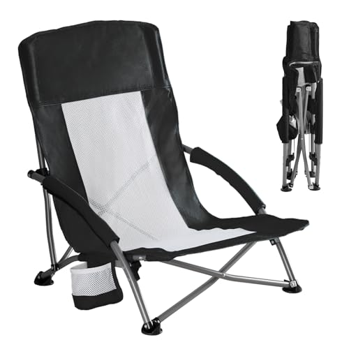 DUMOS Low Camping Beach Chair, Lightweight Folding Portable Beach Chair with Cup Holder, Storage Pocket, Breeze Mesh Back, Padded Armrests, Low Profile Chair for Camp, Picnic, Lawn, Sand, Black - color: Black, size: 25.79*22.24*27.36inch