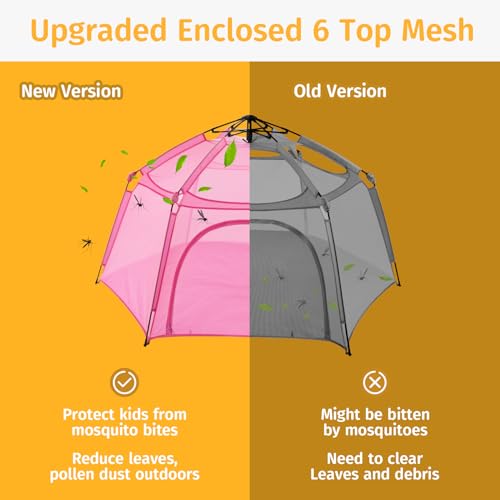Alvantor® Pop Up Playpen 7'x7'x44”Baby Playpens Large Kids Play Tent Portable, Foldable Playpen Indoor/Outdoor Mesh Play Yard, Infant Mosquito Net, UV SPF 50+ Sunshade, Soft Foam Floor, Pink - color: Pink, style: Upgraded with top mesh*6