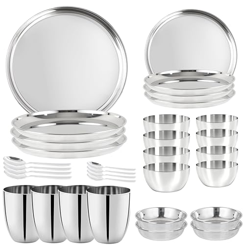 Stainless Steel Dinnerware Set of 32 Pcs (Dinner Plates, Cups, Dishes, Bowls) Metal Dinnerware Sets, Dishwasher Safe, Reusable Dinner Set for Home Kitchen Camping - Service for 4