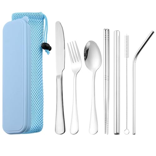 Travel Utensils with Case, Cutlery Set Portable Camp Reusable Flatware Silverware, 7 Pcs Stainless Steel Reusable Cutlery Set, Include Fork, Spoon, Knife, Chopsticks, 2 x Straws & Straw Cleaner Brush - color: Blue