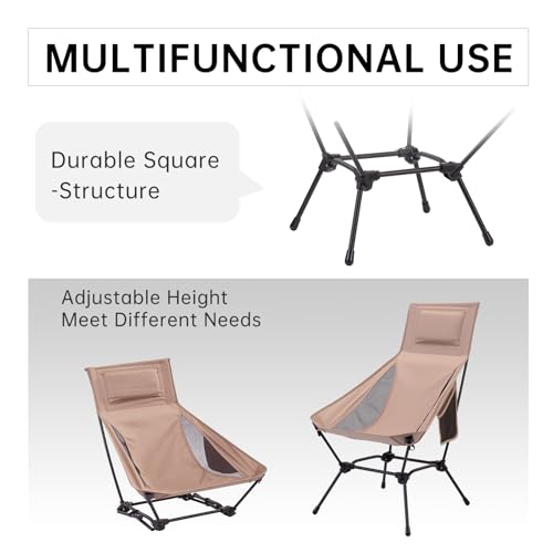 High Back Folding Camping Chair with Pillow, Lightweight Portable Chair for Adults, 2-in-1 Height Adjustment, Deep Recline, Side Pockets for Camping Motorcycle RV Backpacking - color: Khaki - High Back