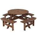Giantex Wooden Picnic Table Set with Wood Bench, 4 Adults or 8 Kids Outdoor Round Table with Umbrella Hold Design, Perfect for Outdoor Garden Yard Pub Beer Dining, Dark Brown - size: 70.5"L×70.5" W×27.5" H
