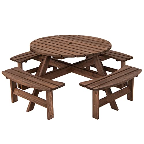 Giantex Wooden Picnic Table Set with Wood Bench, 4 Adults or 8 Kids Outdoor Round Table with Umbrella Hold Design, Perfect for Outdoor Garden Yard Pub Beer Dining, Dark Brown - size: 70.5"L×70.5" W×27.5" H