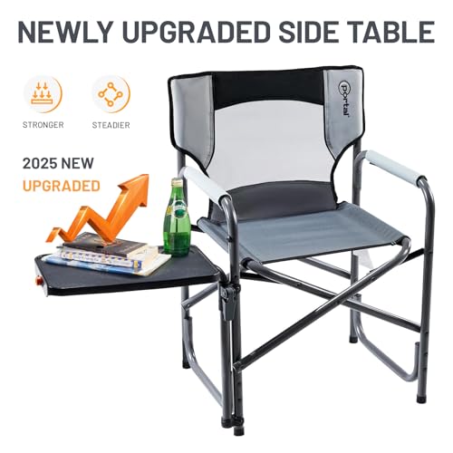 Portal Folding Director Chair with 2-Way Rotating Side Table, Heavy Duty 300 lb Camping Chair with Swivel Tray & Cup Holder, Ergonomic Mesh Back Portable Outdoor Seat for RV, Tailgating & Lawn, Grey