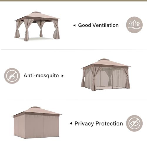 LAUSAINT HOME 12'x12' Outdoor Gazebo, Metal Frame Heavy Duty Patio Canopy Tent Shelter with Double Roofs, Mosquito Nettings and Privacy Screens for Backyard, Garden, Lawn, Khaki - color: Khaki, size: 12'x12'