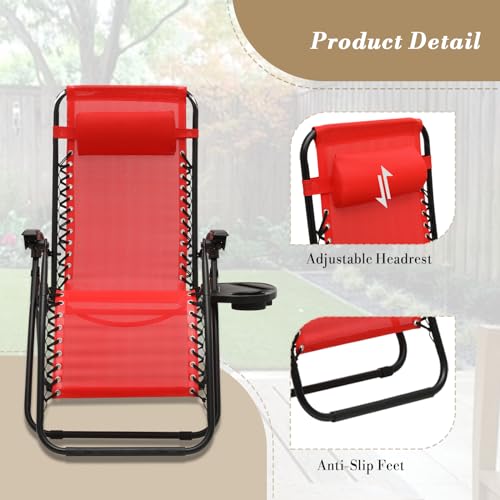 Athena Collection Zero Gravity Outdoor Lounge Chair Set of 2 with Side Table, 25" Width Pool Lounge Lawn Chairs Reclining with Cup Holder, Outdoor Chaise for Beach Patio Backyard Outside, Red - color: Red, style: 25" Width