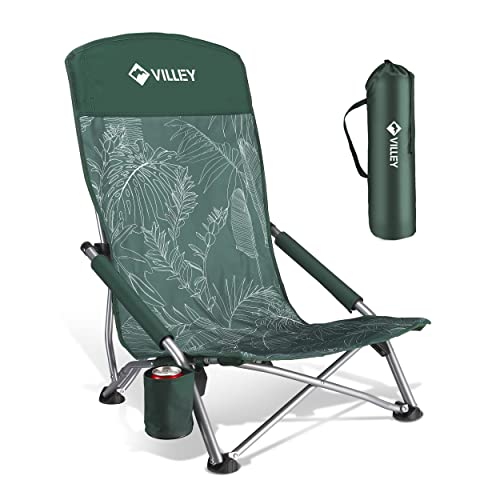 VILLEY Low Beach Chair, High Back Folding Adult Chair, Lightweight & Portable for Outdoor, Beach, Camping, Lawn, Music Festival, with Cup Holder & Carry Bag - Vintage Green Leaves - color: Vintage Green Leaves