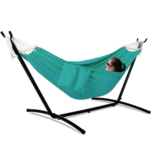 Gafete Double Hammock with Stand for Outside, Upgraded Spreader Bar, Heavy Duty Space Saving Steel Stand 2 Person, Side Pockets, Easy Assembly, 600lbs Weight Capacity, Indoor & Outdoor (Aqua Blue) - color: Aqua Blue