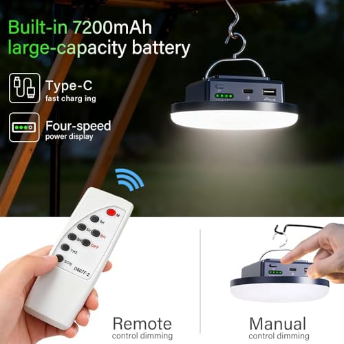 Camping Lights Tent Light 4500 Lumens 45W Rechargeable LED Lantern Magnetic Hanging, Portable USB Outdoor Canopy, Emergency Lights for Home, Lanterns for Power Outages, Ice Shanty Lights（Remote） - size: 7200mAh(remote)
