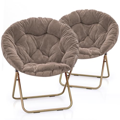 MoNiBloom Round Folding Faux Fur Saucer Chair for Bedroom Living Room Dorm Foldable Metal Frame Oversized Large Comfy Furry Padded Soft Lounge Lazy Cozy Moon Chair for Adults (Beige, 2 Pieces) - color: Beige