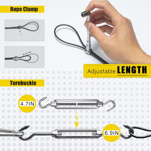 NEREUS Sun Shade Sail Hardware Kit with 12FT Vinyl Coated 304 Stainless Steel Wire Rope for Triangle Rectangle Sun Shade Sail Installation, Shade Sail Installation Kit for Outdoor Patio Garden
