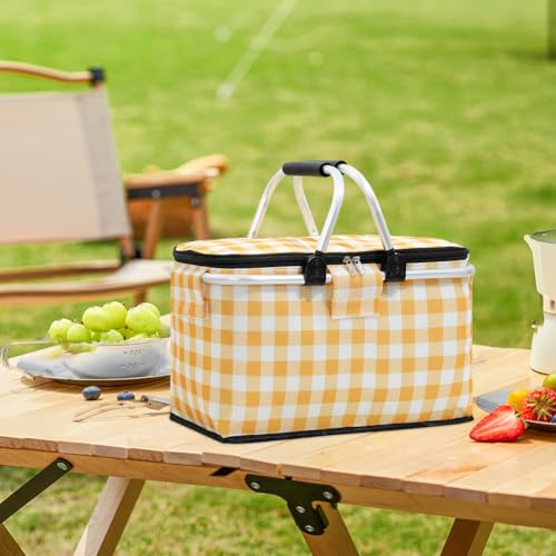 Insulated Picnic Basket, Portable Collapsible Picnic Basket, Leak-Proof Collapsible Cooler Bag with Handles and Zippered Top for Market Shopping Travel Beach - color: Yellow Grid 1