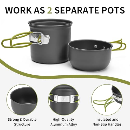 aiGear 8pcs Camping Cookware Mess Kit, Camping Pot and Pan Set with Mini Backpacking Stove, Stainless Steel Cup, Spork and Tank Bracket, Cooking Gear for Hiking Camping Outdoor Picnic - color: Green