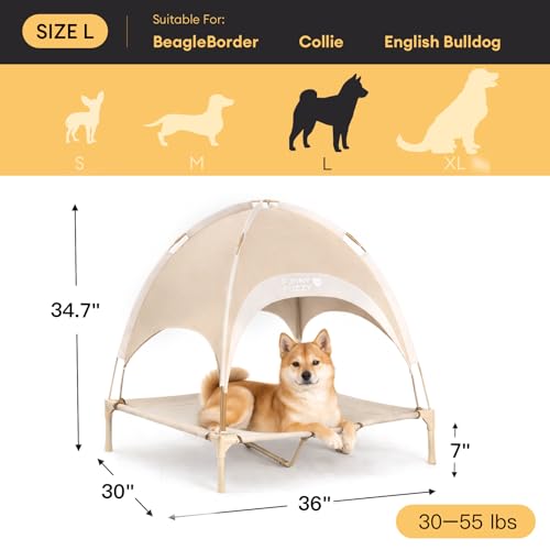 FUNNY FUZZY Elevated Dog Bed with Canopy for Large Dogs up to 120 lbs– Raised Dog Cot Bed with UV Shade,Waterproof,Breathable Mesh,Outdoor & Indoor Use,Portable,Khaki(36"×30"×7") - color: Khaki, size: Large