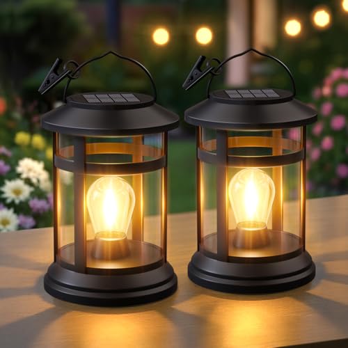 Solar Lanterns Outdoor Waterproof: 2 Pack Hanging Solar Lights for Outside Patio Porch Garden Tabletop Decor - Bright LED Warm White Solar Powered Lighting - Unique Gardening Gifts for Mom - size: 2 Pack