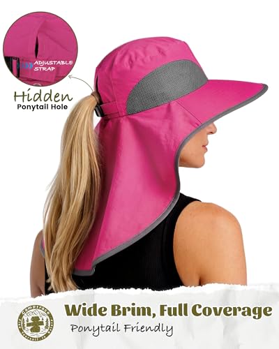 Camptrace Sun Hats for Women Men UPF 50+ UV Protection Wide Brim Hiking Fishing Hat with Neck Flap - color: 03-fuchsia