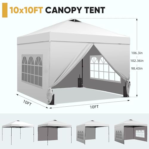 GDY 10x10 Pop Up Canopy Tent with 4 Sidewalls, Easy Set up with One Push Lift Outdoor Silver Coated Beach Gazebos, Carpas with 4 Sandbags, for Events, Parties,Camping, White. - color: White, size: 10x10 with 4 Sidewall