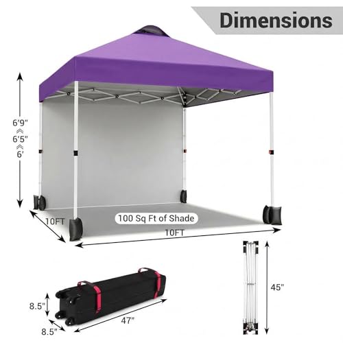 Garvee 10x10 Pop Up Canopy, Easy Up Outdoor Canopy Tent with Removable Sidewall, Portable Instant Commercial Tent Shelter with Vented Roof Roller Bag for Camping Picnic Beach, Purple