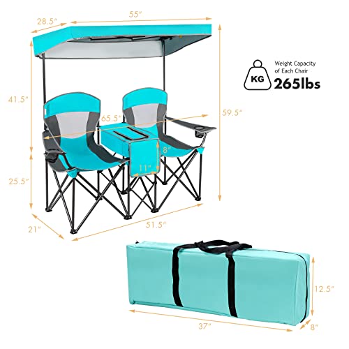 DORTALA Double Camping Chair with Canopy, 2 Person Folding Beach Chair with Canopy Shade, Table Beverage Holder and Storage Bag, Double Rocker Chair Outdoor for Camping, Beach, Picnic, Turquoise - color: Turquoise