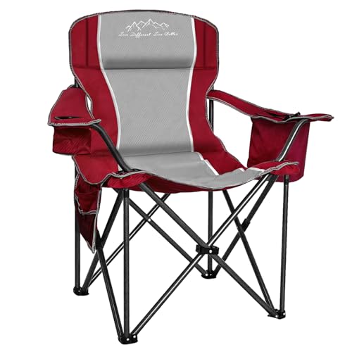 Camping Chair Portable Folding Outdoor Chair Heavy Duty Padded Chairs Lawn Chair with Cup Holder, Storage Pocket and Cooler Bag, Supports 500 LBS, Red - color: Red