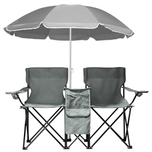 Double Folding Camping Chair W/Umbrella Fold Up Table Beverage Holder Carrying Bag Cooler for Patio Pool Park Outdoor Beach, Picnic, Portable (Grey) - color: Grey