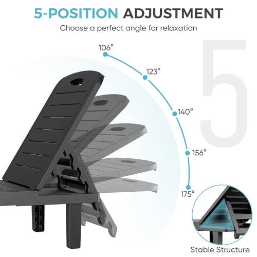 Outdoor Chaise Lounge, 5-Position Adjustable Sun Lounge w/Pull-Out Tray, Waterproof PP Lounge Chairs for Outside, Lounge Chairs for Poolside, Patio, Beach, Yard in All Weather,1 PC,Black - style: Set of 1