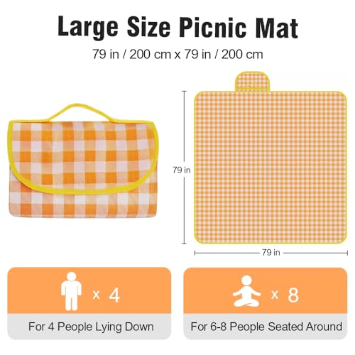 JEPELUS Outdoor Picnic Blanket Waterproof, 79 x 79 Inch Large Picnic Mat Oxford Fabric, Gingham Foldable Beach Blankets Mats for Camping Park Grass Lawn Hiking Family Concerts (Yellow)