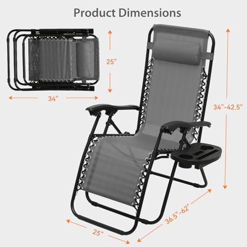 OS MOTOR Zero Gravity Chairs, Portable Folding Reclining Lounge Chairs with Adjustable Pillow and Cup Holder Trays for Outdoor, Patio, Beach, Camping, Garden, Poolside, Set of 2 Gray - color: Grey