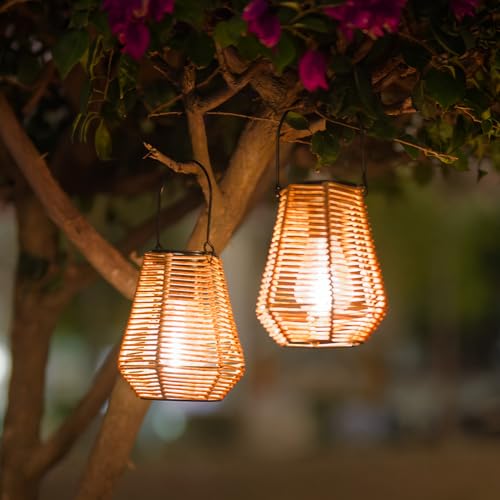 Solar Lanterns Outdoor Waterproof,Solar Lights for Outside Hanging Lights Outdoor Rattan Lantern Decoration for Garden, 2 Pack - style: Ranttan-1