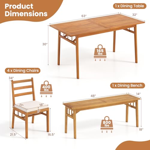 Tangkula 6 Pieces Patio Acacia Wood Dining Set, Outdoor Rectangular Table with 1.97” Umbrella Hole, Bench and Cushioned Chairs for 6, for Deck, Yard and Poolside - size: 6 pieces