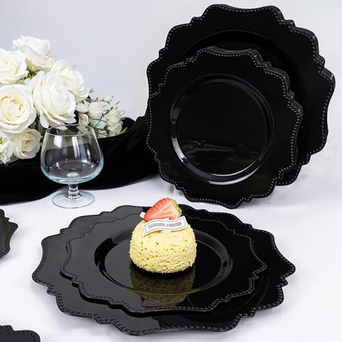 COLOSUS 100pcs Black Plastic Plates - Heavy Duty Black Plastic Plates Disposable for Party/wedding/New Year Include 50pcs Dinner Plates and 50pcs Dessert Plates. - color: Black