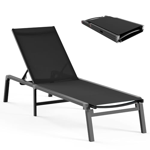 Ciokea Aluminum Chaise Lounge Ourdoor, Foldable & Assemble Free Outdoor Lounge Chair with 5 Adjustable Backrest, Patio Lounge Chair for Outside Poolside Beach Pool, Black - color: Black, size: 1 Pack