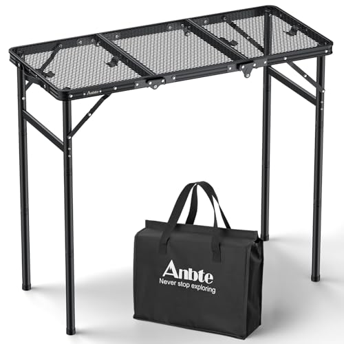 Anbte 3ft Tri-fold Grill Table, 2 Adjustable Heights Max 29.5" Sturdy Metal Grill Table with Storage Bag, Heat-Resistant Tabletop, Portable Handle for Cooking BBQ Outdoor Travel, 35" x 16", Black - size: 35.4“L x 16"W x 29.5H"