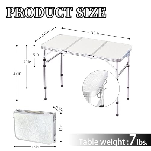 Yriuat Folding Camping Table 3ft Portable Pinic Table Adjustable Height Small Card Table Aluminum Foldable Lightweight with Carry Handle for Outdoor Indoor Hiking Camp BBQ Beach - color: Sage Gray, size: 35"l X 16"w X 27"h