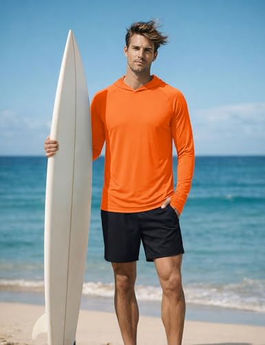 KEFITEVD Men's Sun Protection UPF 50+ Hoodie Shirts Long Sleeve Swimming Fishing Shirt SPF UV Quick Dry Rash Guards - color: Orange, size: X-Large