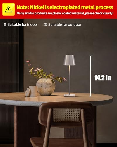 KDG 2 Pack Cordless Table Lamp,Portable LED Desk Lamp, 4000mAh Battery Operated, 3 Color Stepless Dimming Up, for Restaurant/Bedroom/Bars/Outdoor Party/Camping/Coffee Shop Night Light(Brushed Nickel) - color: Electroplated Brushed Nickel-2