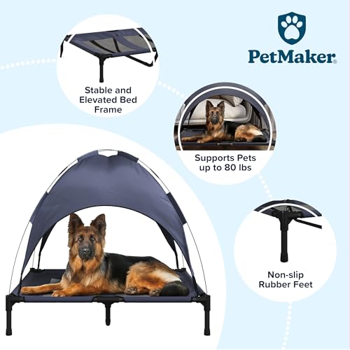 Elevated Dog Bed with Canopy - 36x30-Inch Portable Pet Bed with Non-Slip Feet - Indoor/Outdoor Dog Cot with Carrying Case by PETMAKER (Blue)