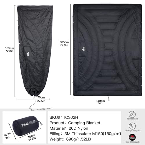 iClimb 3M Thinsulate Insulation Warm Camping Blanket Ultralight Compact - color: Black, size: 72.8” × 55”, 1.52 lb