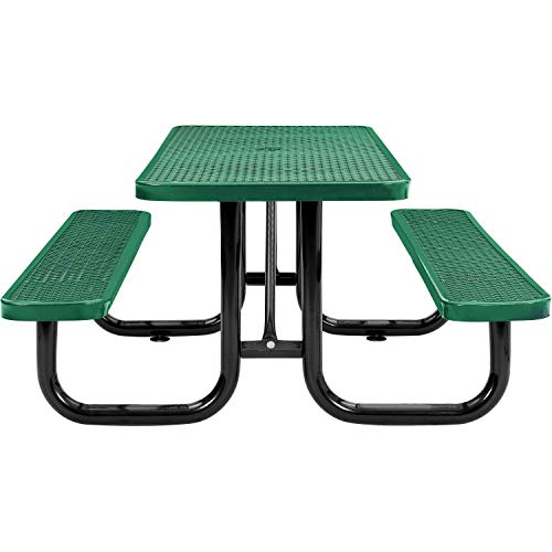 Global Industrial 6’L Rectangular Picnic Table, Expanded Metal, Green Thermoplastic Coating, Attached Benches, 1-1/2” Umbrella Pole Hole, Outdoor-Rated, 1000 lb Capacity, 72” x 30” Tabletop - color: Green