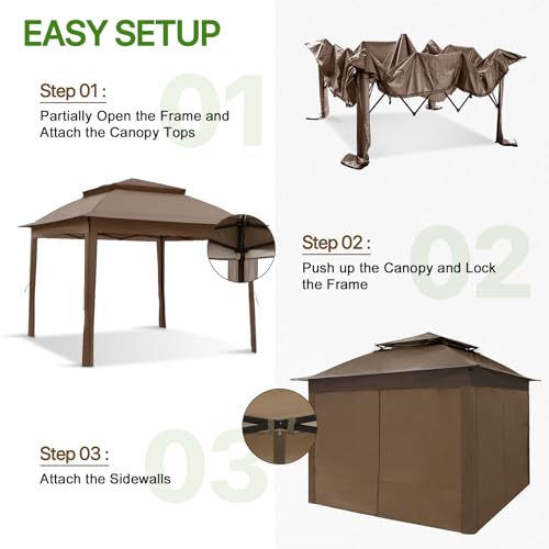 COOS BAY 11x11 Pop Up Gazebo with 4 Sidewalls, Instant Outdoor Canopy Tent with UPF 50+ UV Protection, Water Resistant Shelter with Carry Bag, Stakes & Ropes, Brown - color: Brown