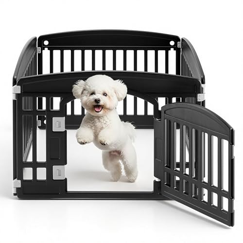 24" Plastic Dog Playpen 4-Panel Durable Pet Playpen for Puppies & Small/Medium Dogs, Portable & Foldable Pet Fence with Secure Locking Door, Black