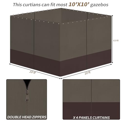 Gazebo Privacy Curtains 10' x 10' with Zipper 4-Panels Side Wall Universal Replacement for Patio, Outdoor Canopy, Garden and Backyard Khaki and Brown (Curtain Only) - color: Khaki and Brown, size: 10' x 10'