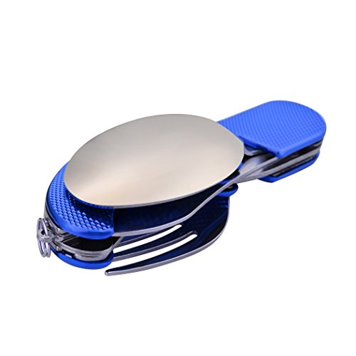 Leeko 4 in 1 Stainless Steel Portable Outdoor Pocket Knife Fork Spoon Diner Set Multi-function Tableware for Camping Hunting - color: Blue