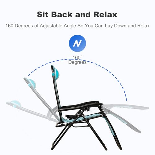 Nazhura Set of 2 Relaxing Recliners Patio Chairs Adjustable Steel Mesh Zero Gravity Lounge Chair Beach Chairs with Pillow and Cup Holder (Light Blue Stripe) - color: Light Blue Stripe